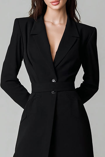 A Line V-Neck Black Long Sleeve Midi Work Dress